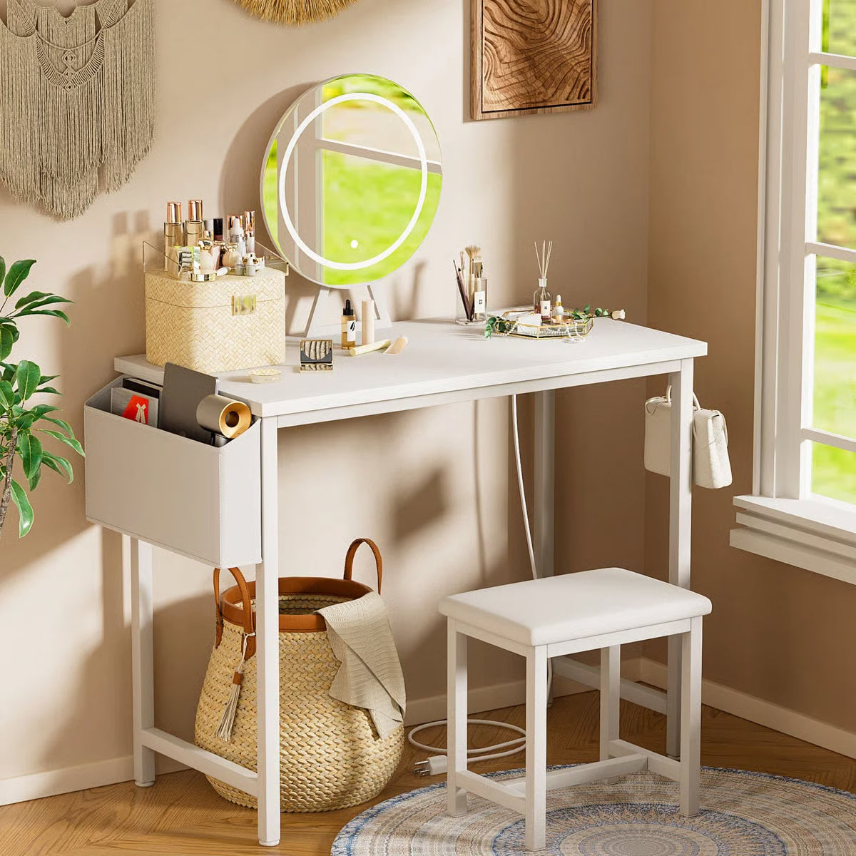 Small Makeup Vanity Desk Set with Chair, LED Mirror, USB & Built-In Power Outlets-OUCH CART |Dressing table