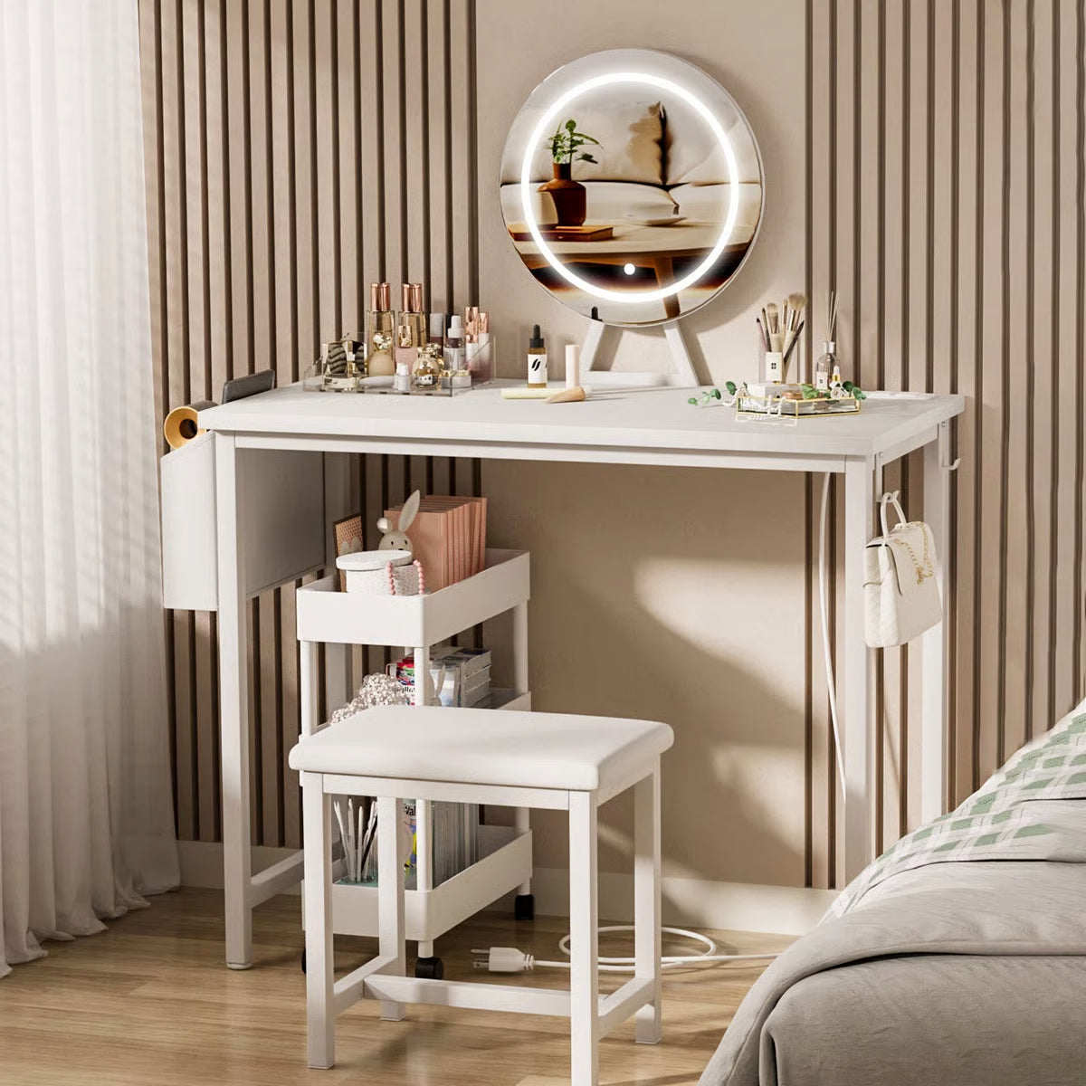 Small Makeup Vanity Desk Set with Chair, LED Mirror, USB & Built-In Power Outlets