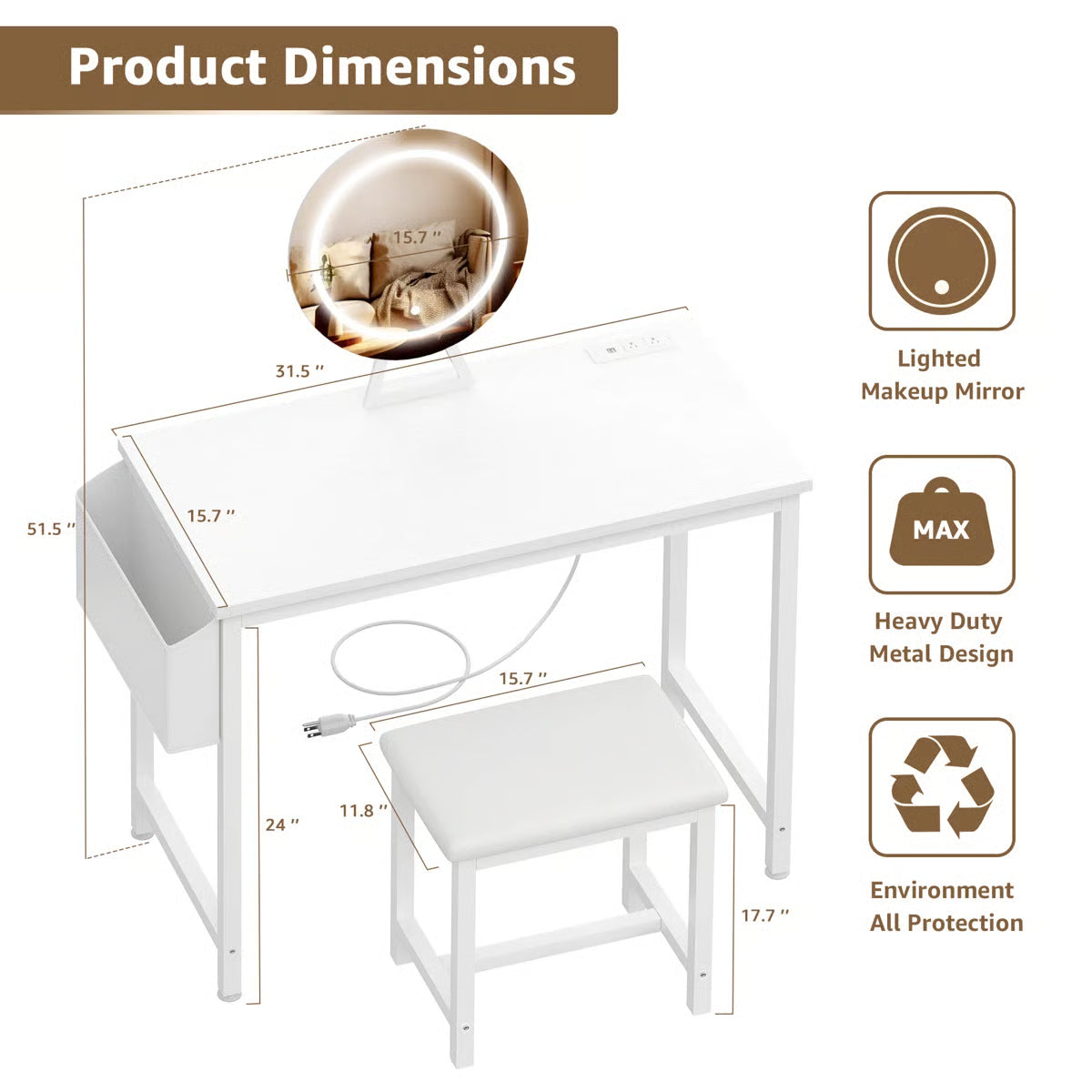 Small Makeup Vanity Desk Set with Chair, LED Mirror, USB & Built-In Power Outlets-OUCH CART |Dressing table