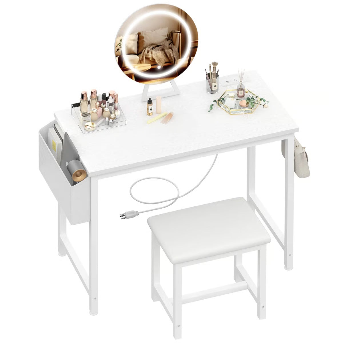 Small Makeup Vanity Desk Set with Chair, LED Mirror, USB & Built-In Power Outlets
