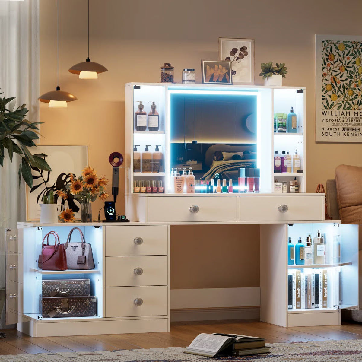 Makeup Vanity Desk with LED Mirror & RGB Cabinets – White, 5 Drawers, 3 Lighting Modes & Power Outlet