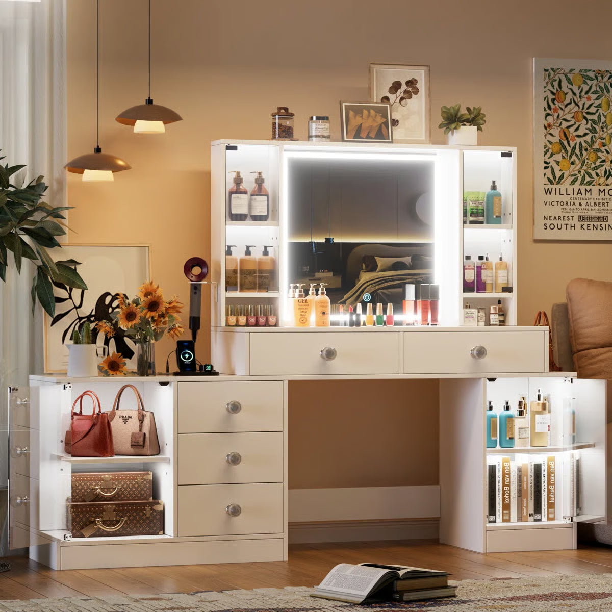 Makeup Vanity Desk with LED Mirror & RGB Cabinets – White, 5 Drawers, 3 Lighting Modes & Power Outlet