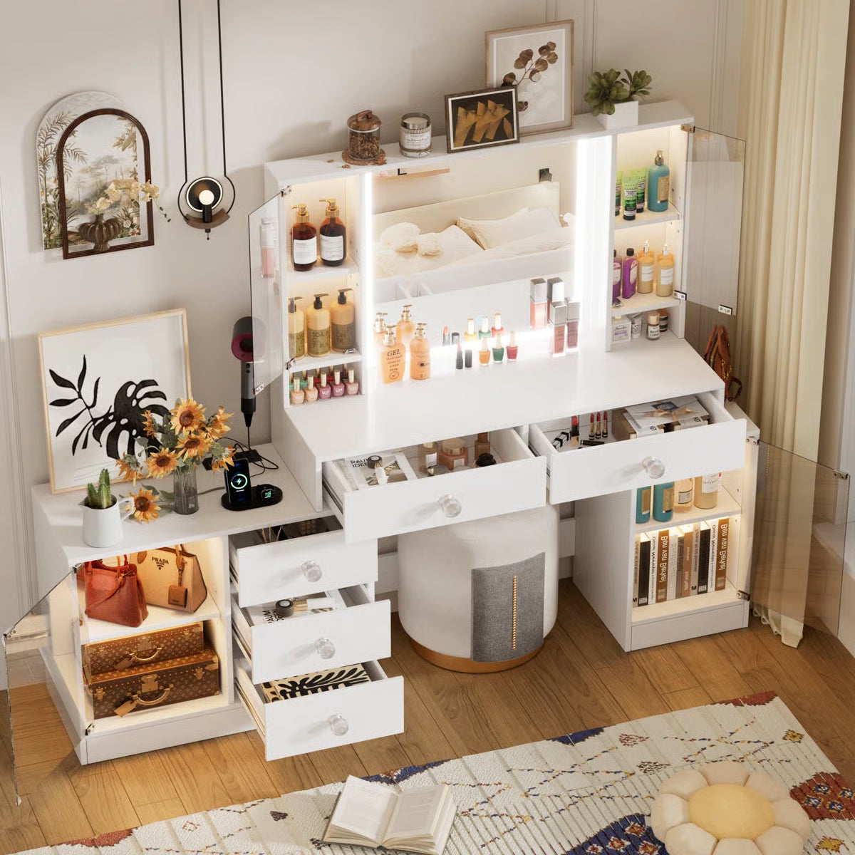 Makeup Vanity Desk with LED Mirror & RGB Cabinets – White, 5 Drawers, 3 Lighting Modes & Power Outlet