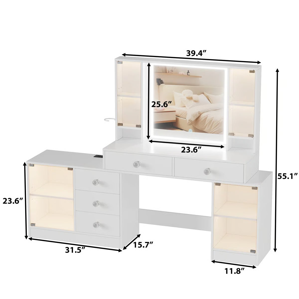 Makeup Vanity Desk with LED Mirror & RGB Cabinets – White, 5 Drawers, 3 Lighting Modes & Power Outlet
