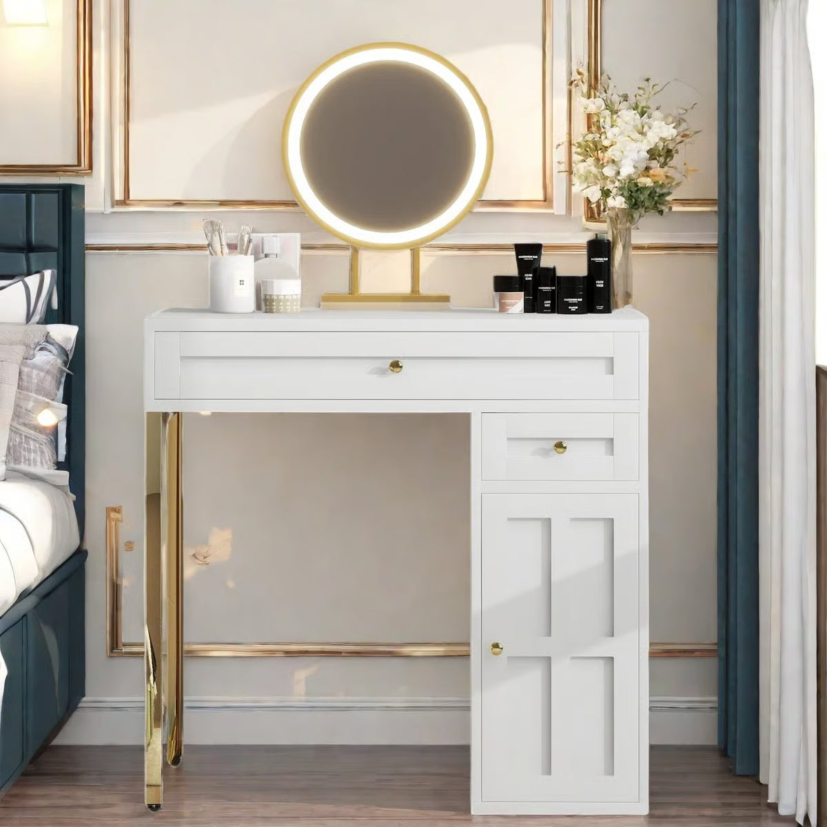 Makeup Vanity Desk with LED Lighted Mirror – 2 Drawers, 1 Cabinet & Gold Legs