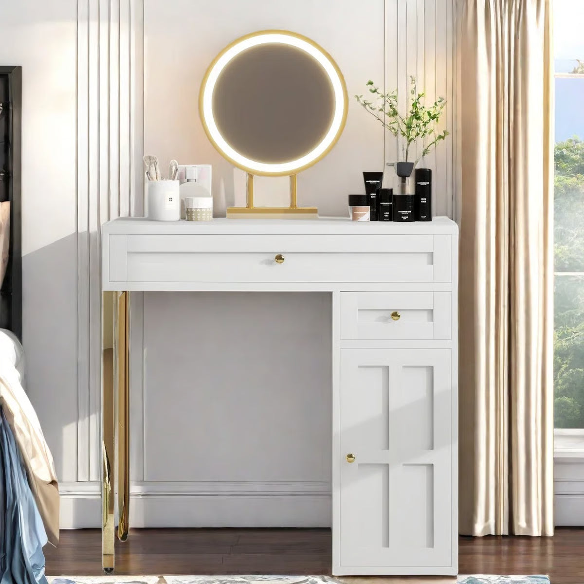 Makeup Vanity Desk with LED Lighted Mirror – 2 Drawers, 1 Cabinet & Gold Legs-OUCH CART |Dressing table