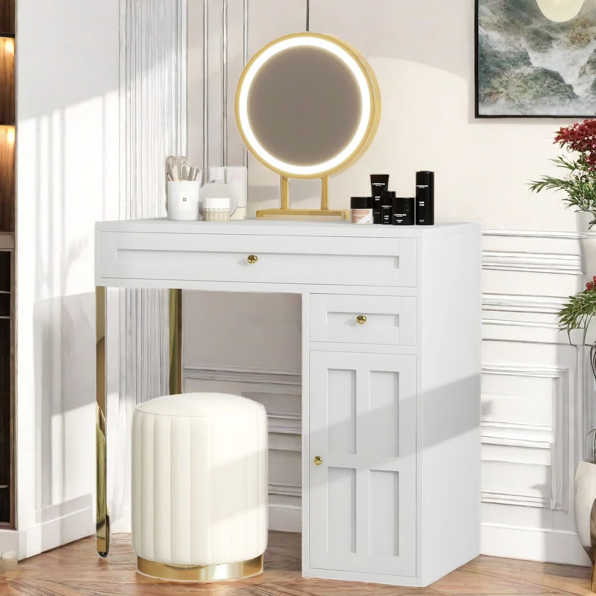 Makeup Vanity Desk with LED Lighted Mirror – 2 Drawers, 1 Cabinet & Gold Legs