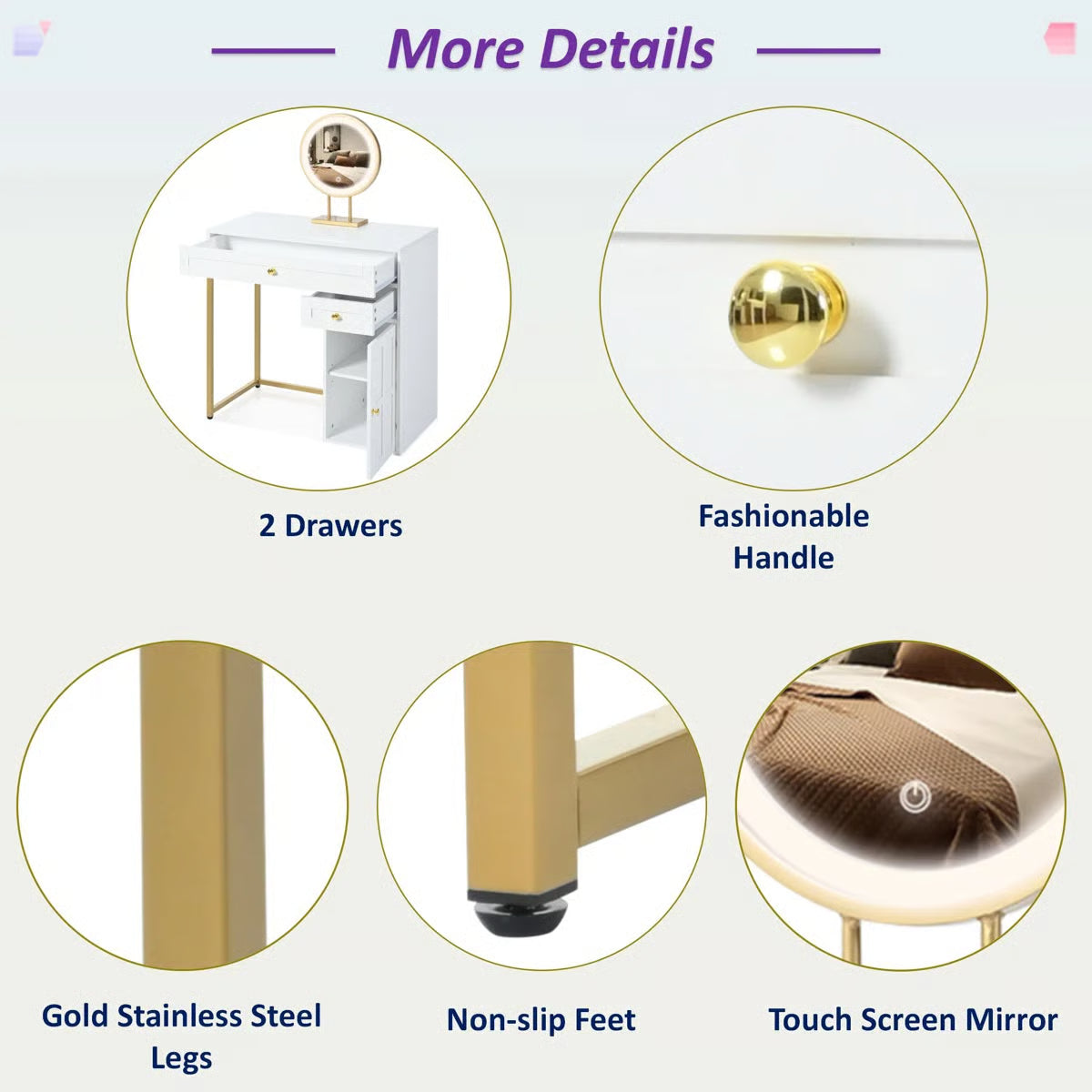 Makeup Vanity Desk with LED Lighted Mirror – 2 Drawers, 1 Cabinet & Gold Legs