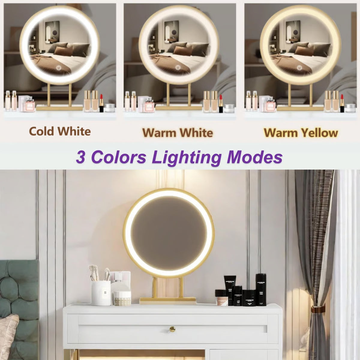 Makeup Vanity Desk with LED Lighted Mirror – 2 Drawers, 1 Cabinet & Gold Legs -OUCH CART |Dressing table