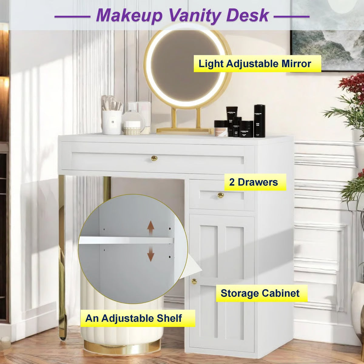 Makeup Vanity Desk with LED Lighted Mirror – 2 Drawers, 1 Cabinet & Gold Legs
