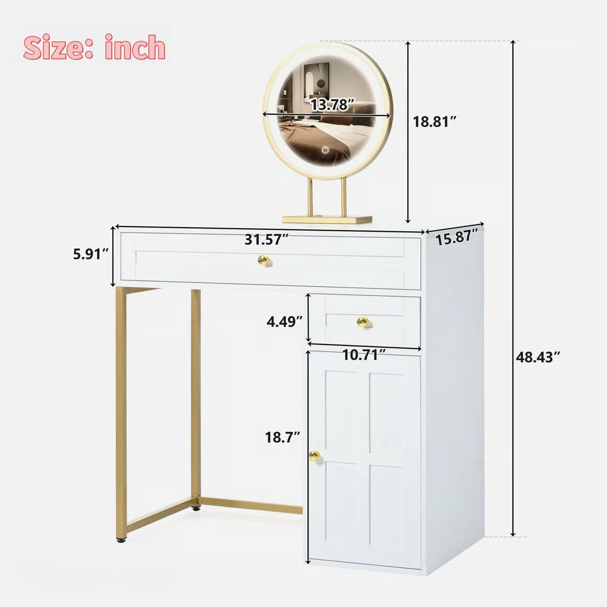 Makeup Vanity Desk with LED Lighted Mirror – 2 Drawers, 1 Cabinet & Gold Legs