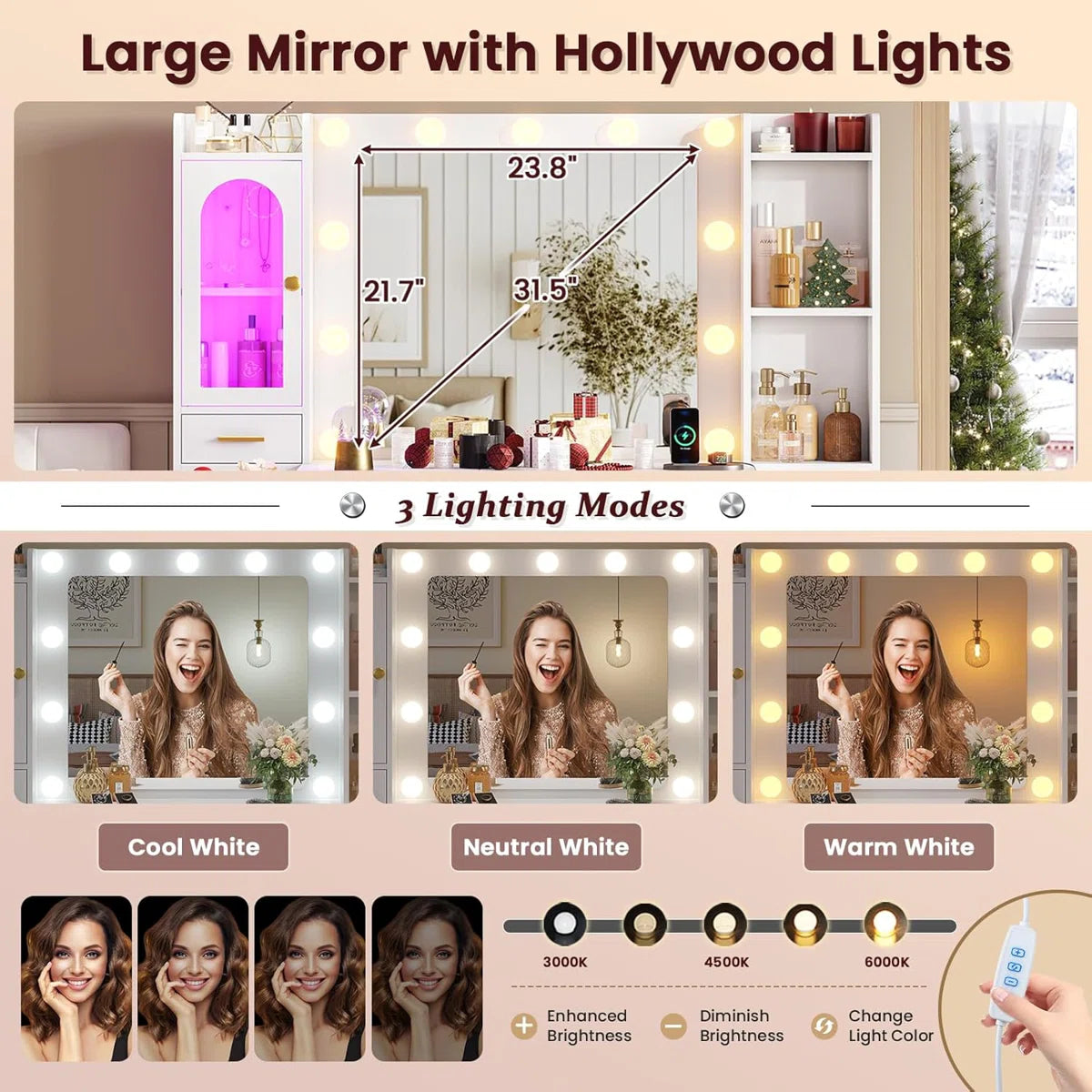 White 49.8" Makeup Vanity Desk with Lighted Mirror, RGB Cabinet, 7 Drawers, Storage Shelves, Side Cabinet, and Adjustable LED Lights