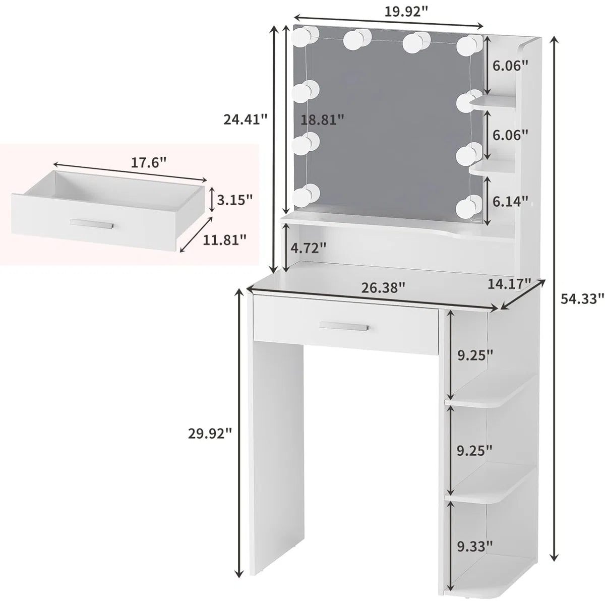 Modern White Makeup Vanity with LED Mirror and Multiple Storage Compartments