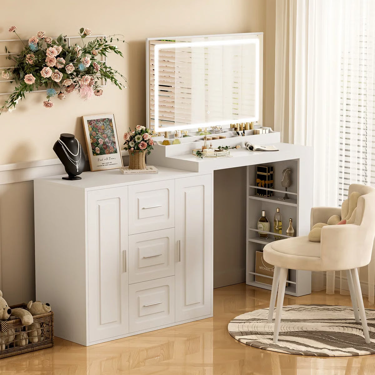 Dressing Table with Mirror & Lights โ Makeup Vanity Desk with 3 Drawers & 2 Cabinet-OUCH CART |Dressing table