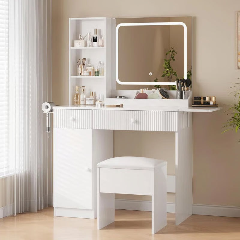 Makeup Vanity Desk w/ LED Lights & Power Outlets - 2 Drawers, Cabinet & Stool - Dressing Table with Charging Station-OUCH CART  |Dressing table