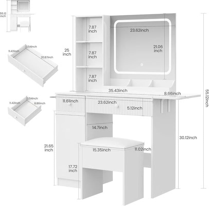 Makeup Vanity Desk w/ LED Lights & Power Outlets - 2 Drawers, Cabinet & Stool - Dressing Table with Charging Station
