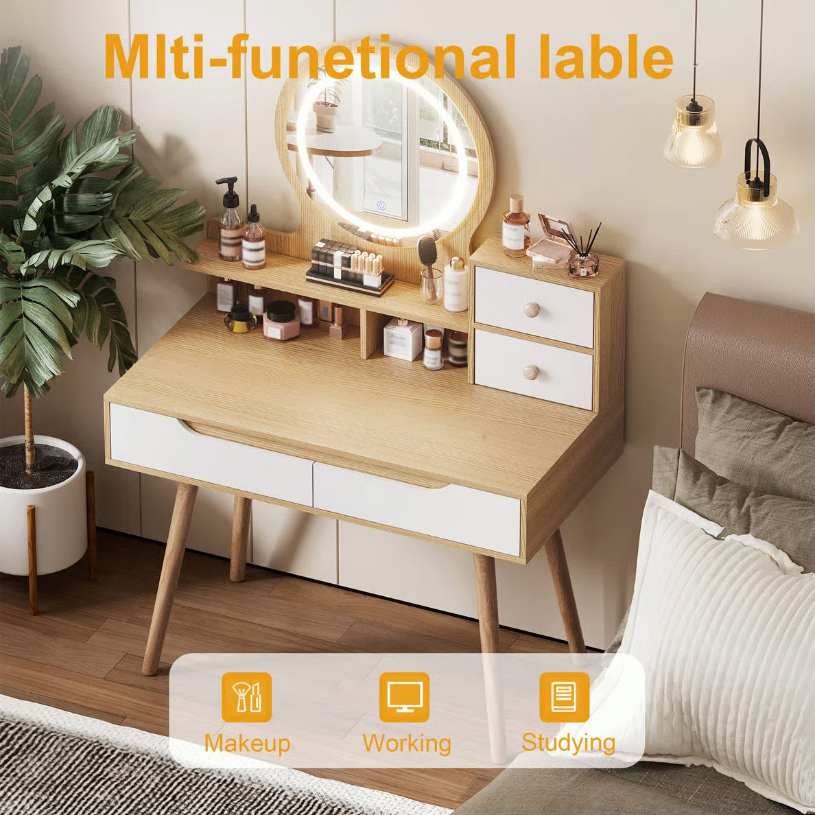 LED Lighted Makeup Vanity Desk – 3 Adjustable Mirrors, 4 Drawers & 3 Shelves