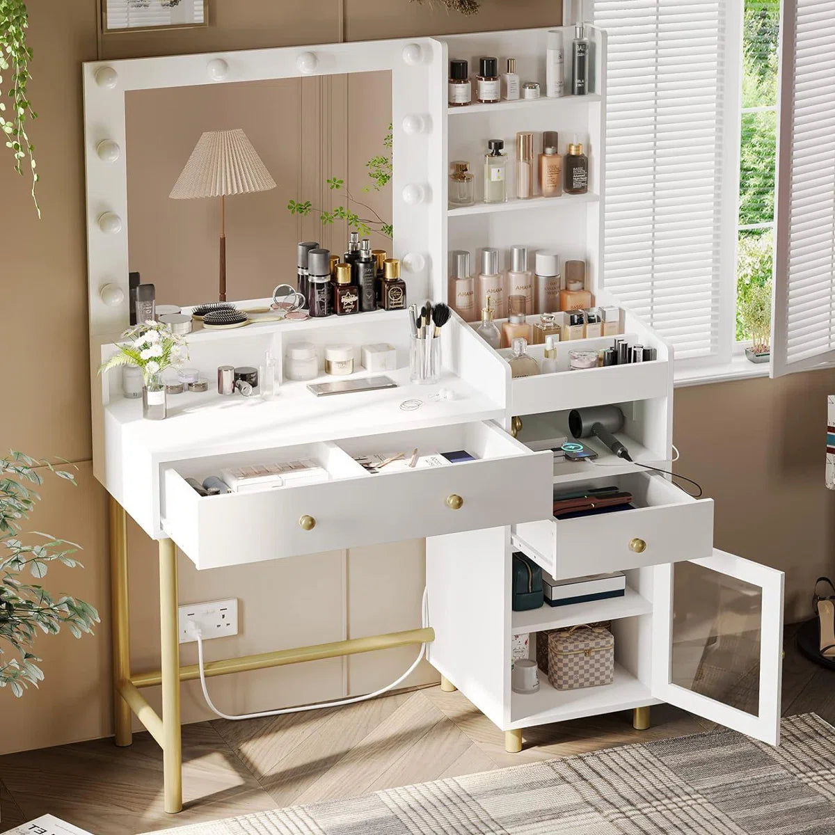 White Lighted Makeup Vanity Desk with 3 Adjustable Light Modes- OUCH CART | Dressing table