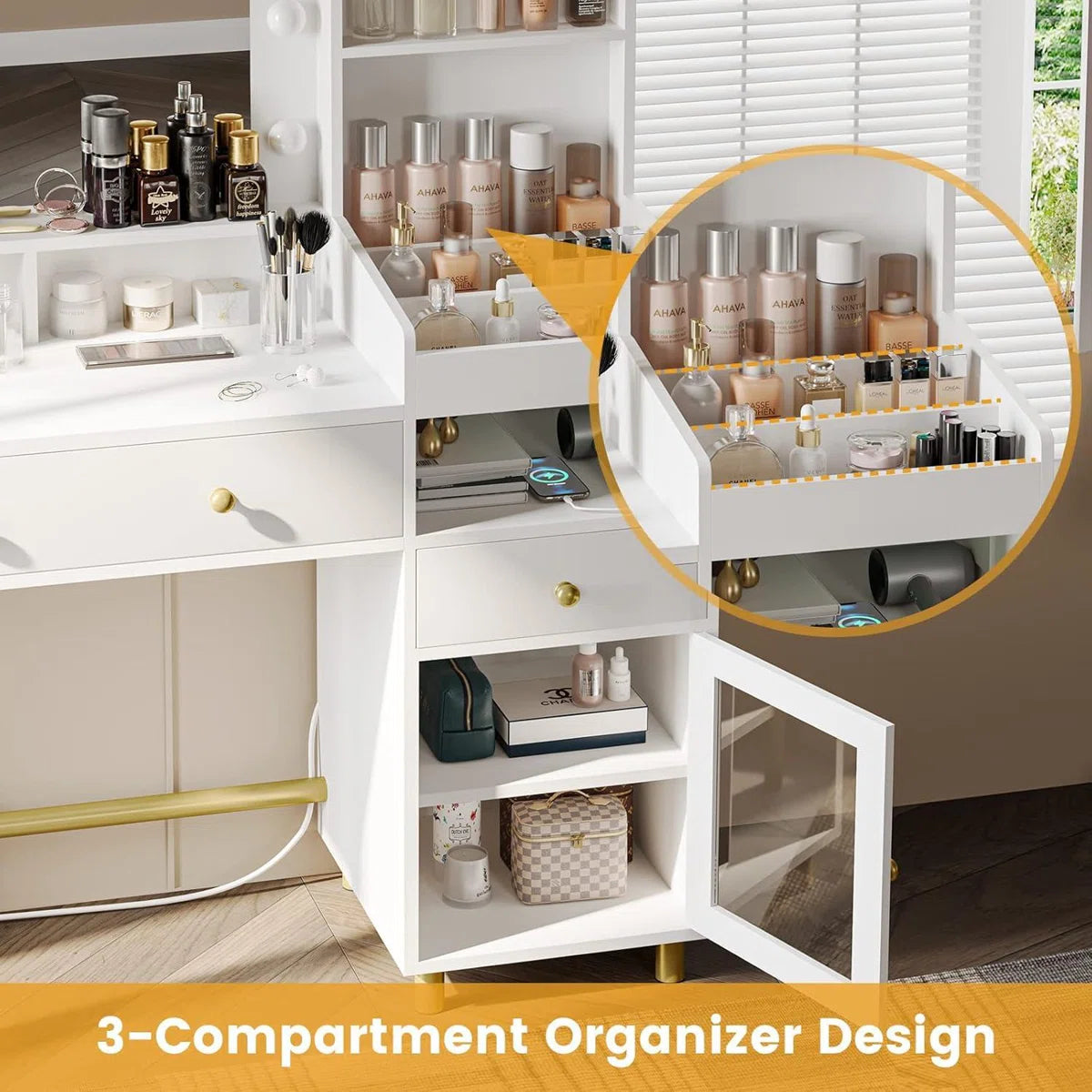 White Lighted Makeup Vanity Desk with 3 Adjustable Light Modes