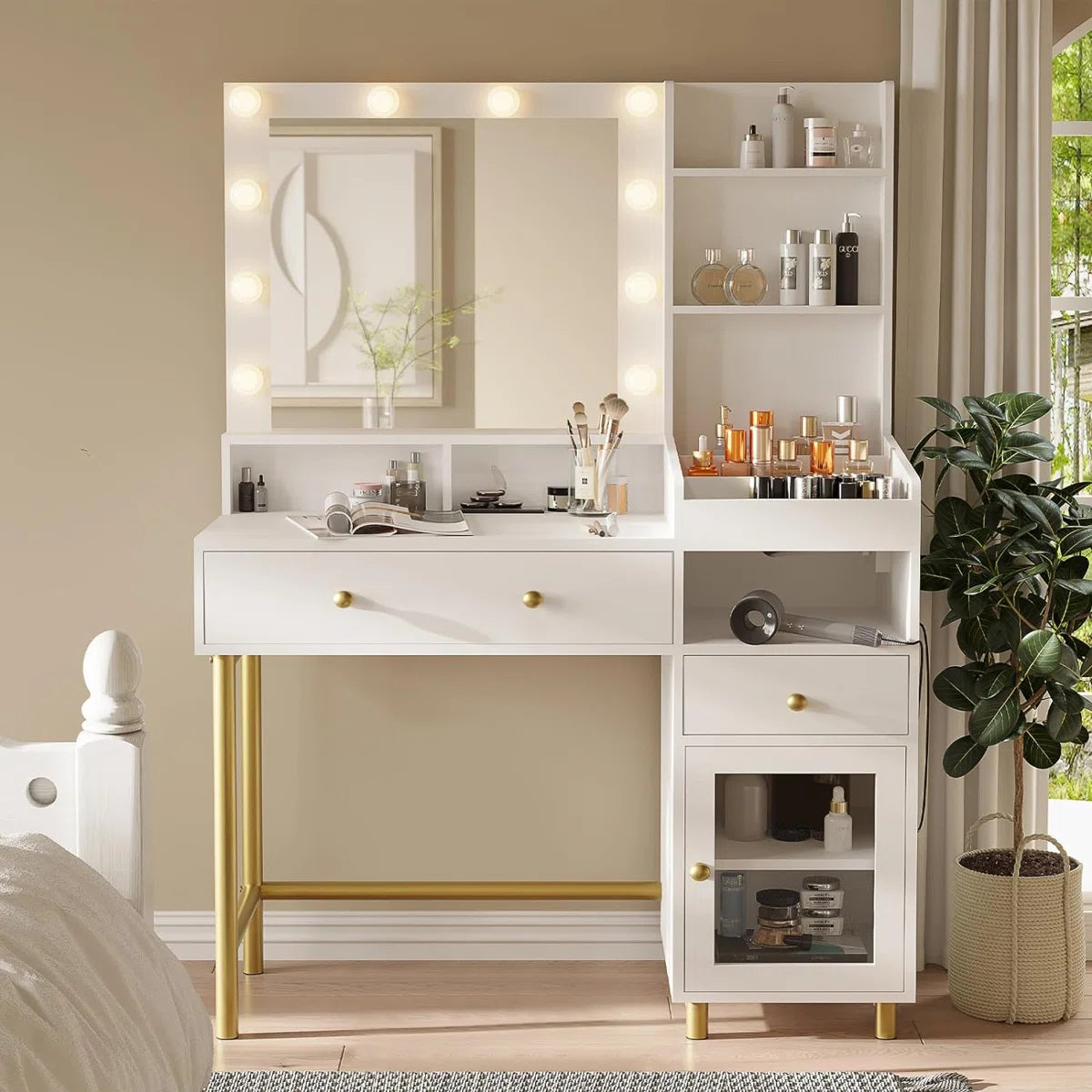 White Lighted Makeup Vanity Desk with 3 Adjustable Light Modes