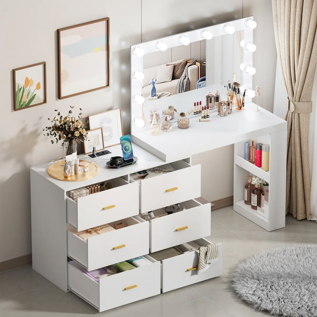Makeup Vanity Desk with Mirror 6 Drawers Vanity Table -OUCH CART | Dressing table