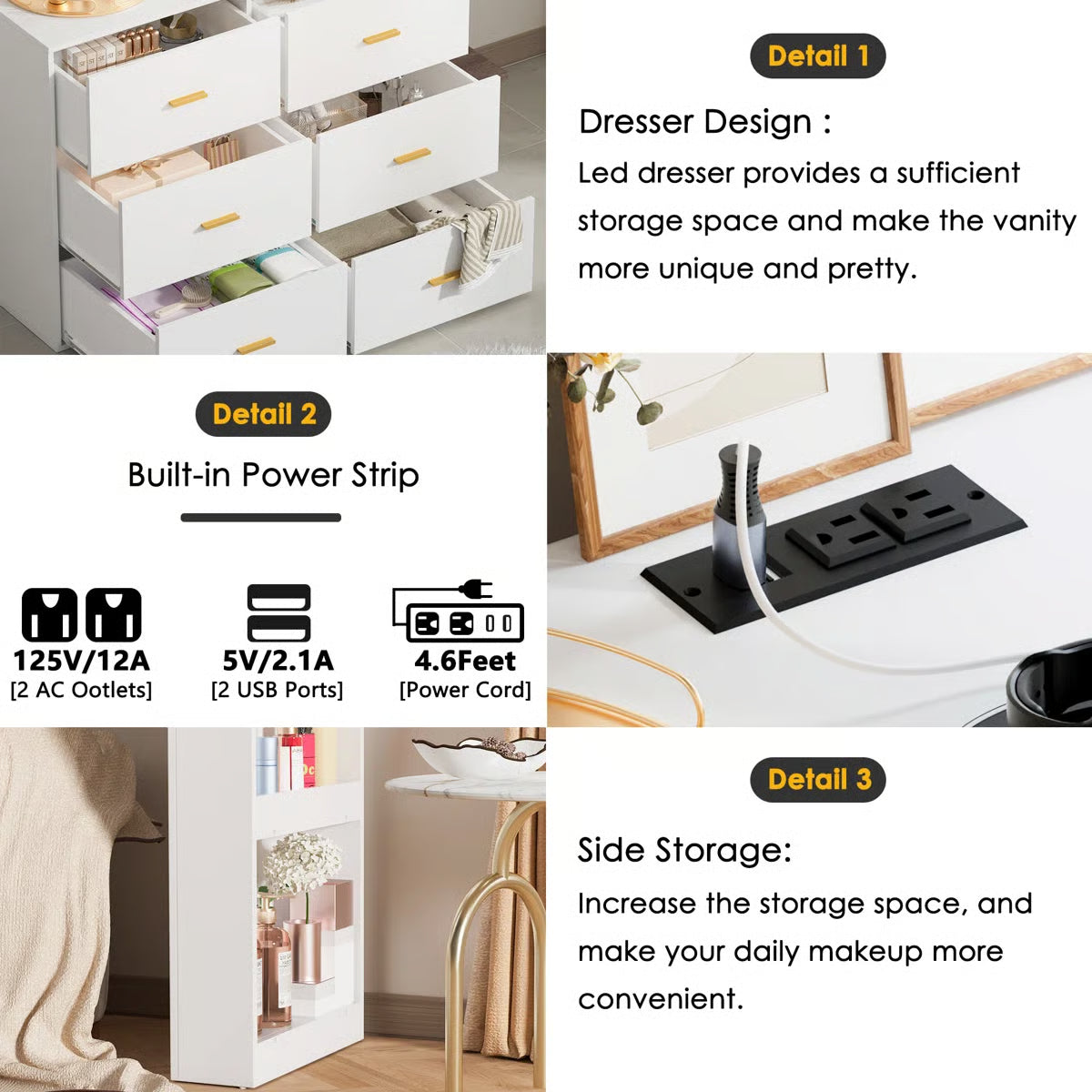 Makeup Vanity Desk with LED Mirror, 3-Color Lights, 6 Drawers & Built-In Charging Station