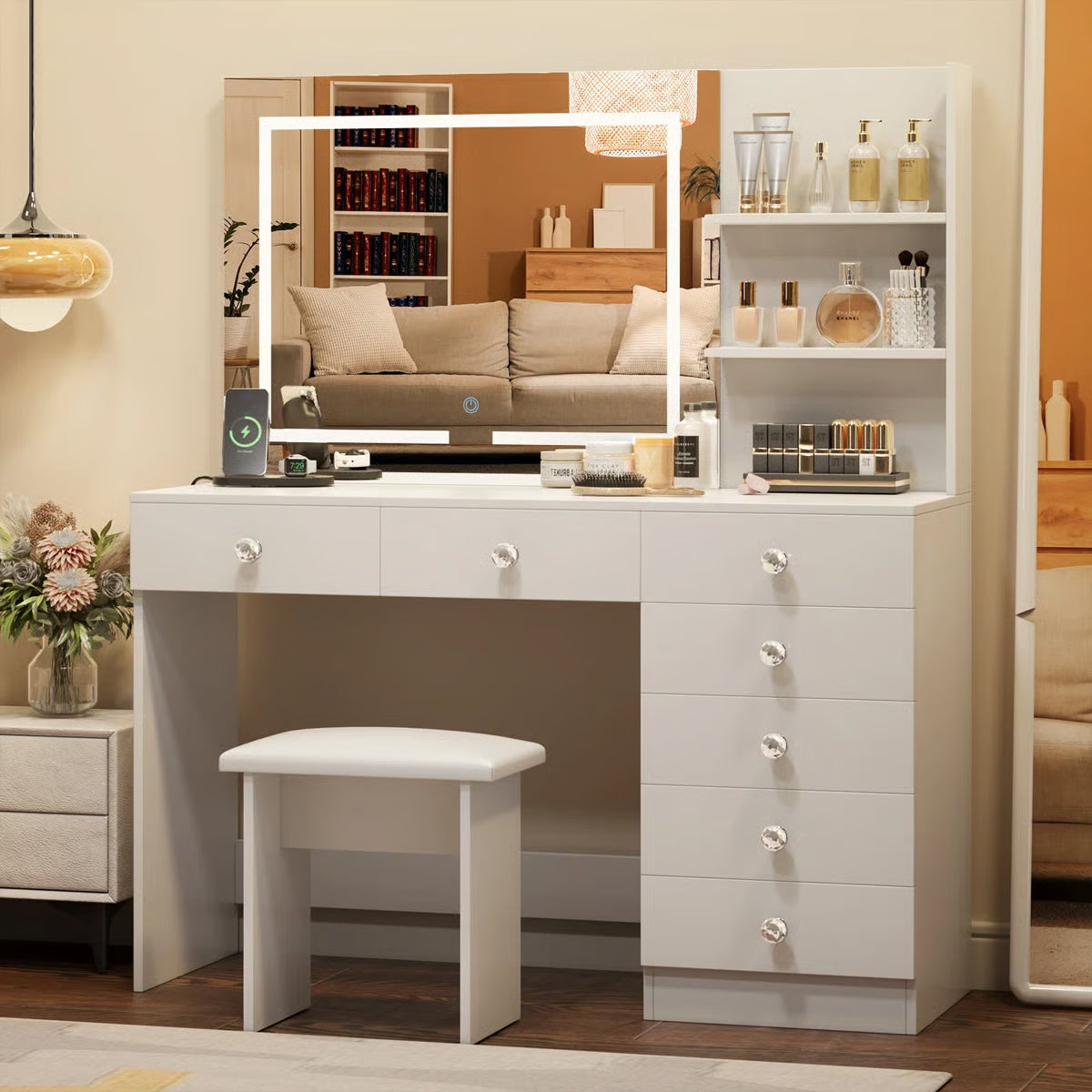 7-Drawer Makeup Vanity Table with LED Lighting and Built-In Charging Station