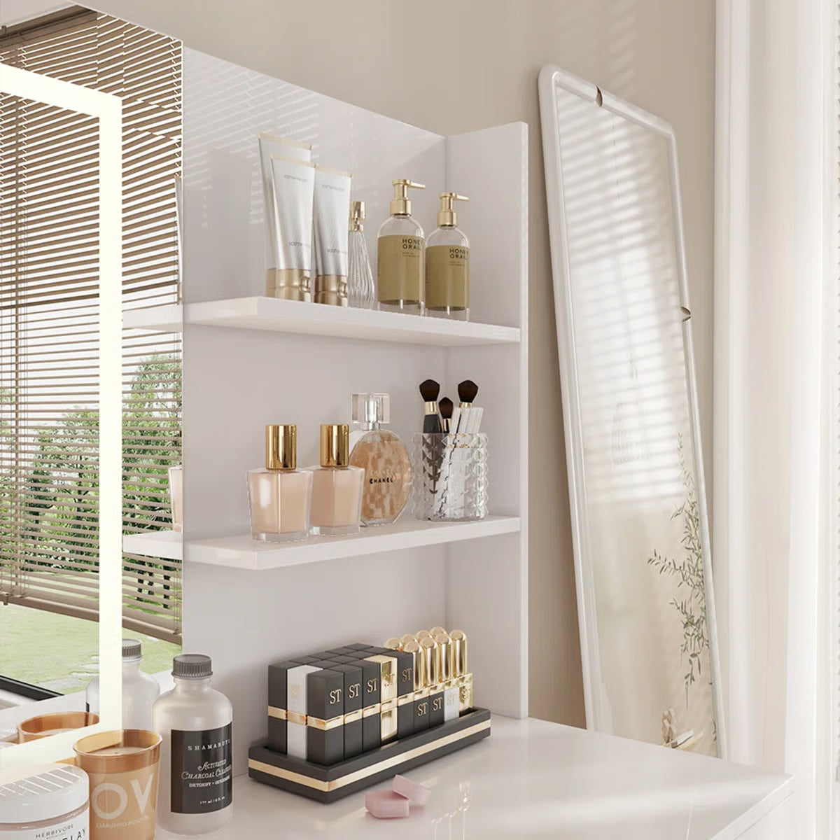 7-Drawer Makeup Vanity Table with LED Lighting and Built-In Charging Station