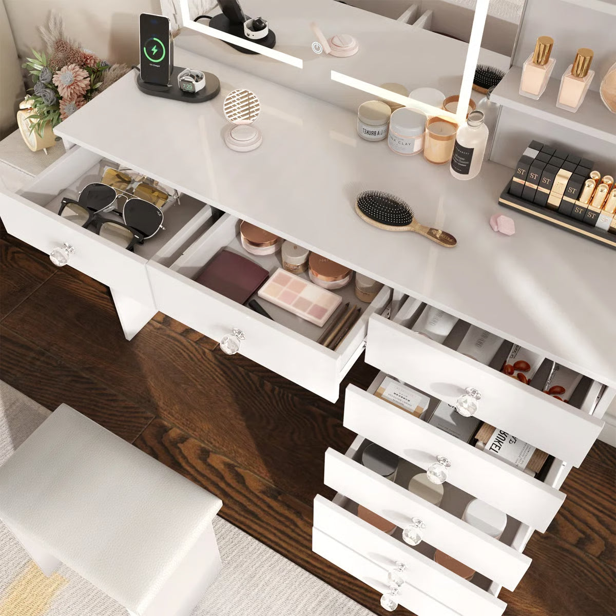 7-Drawer Makeup Vanity Table with LED Lighting and Built-In Charging Station-OUCH CART |Dressing table