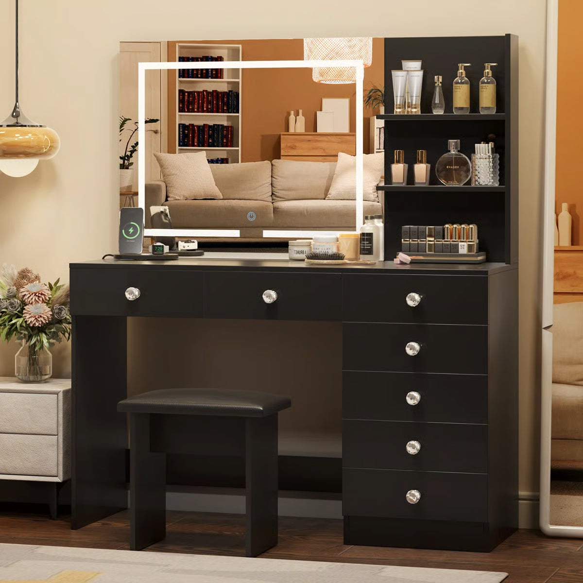7-Drawer Makeup Vanity Table with LED Lighting and Built-In Charging Station-OUCH CART |Dressing table