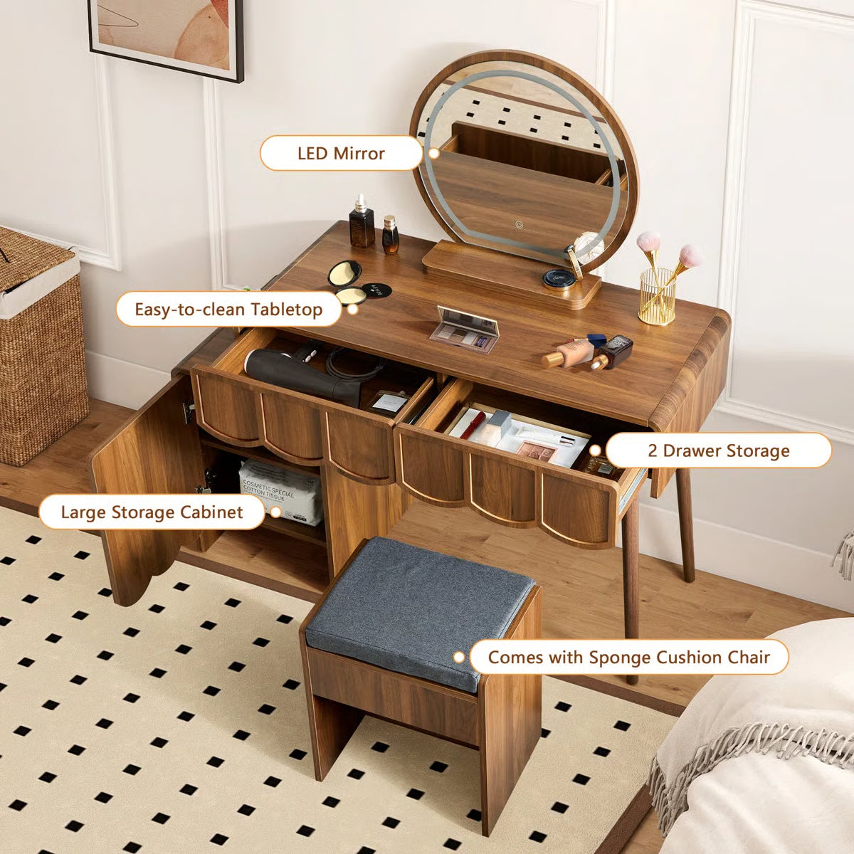Modern Makeup Vanity Set with LED Mirror, Storage Drawers & Comfortable Stool