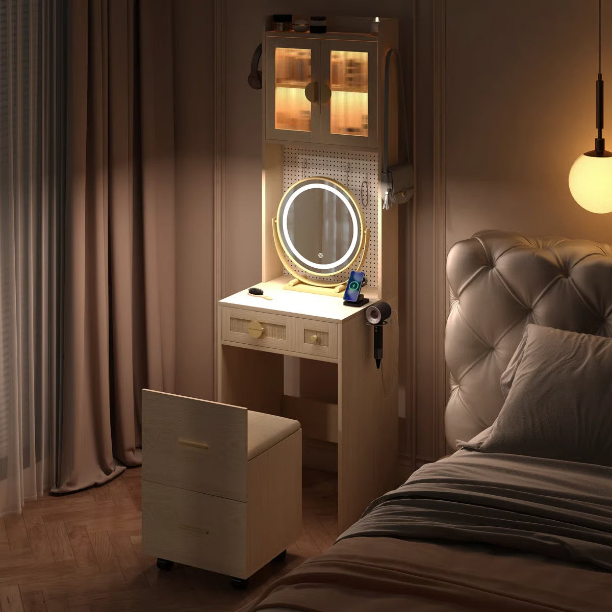 Makeup Vanity Set with LED Lights and Power Outlets