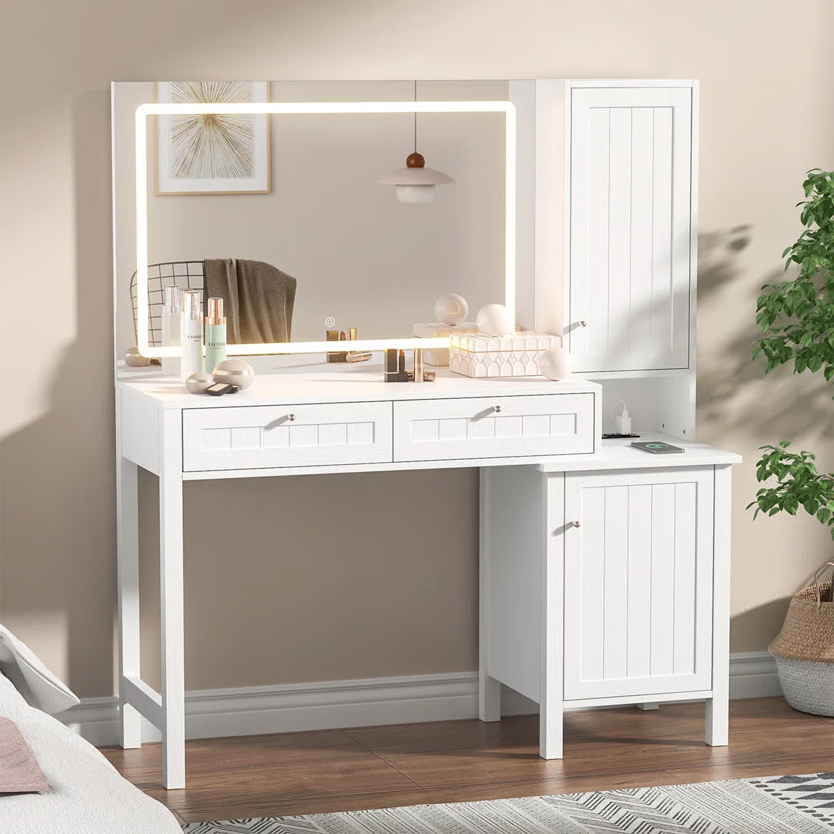 Makeup Vanity with LED Lights, Built-in Power Outlets & USB for Bedroom