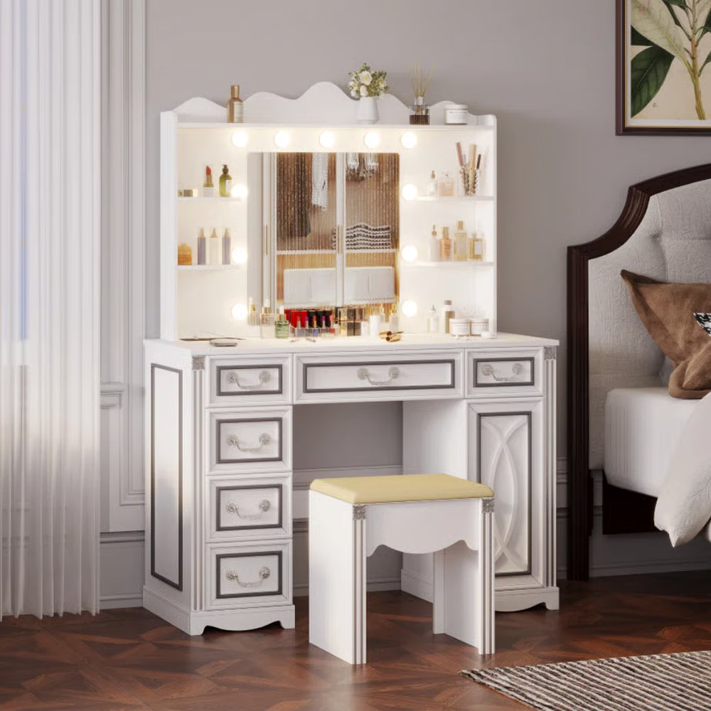 Makeup Vanity Set with Adjustable 3-Color Mirror, Storage Drawers, Cabinet and Stool