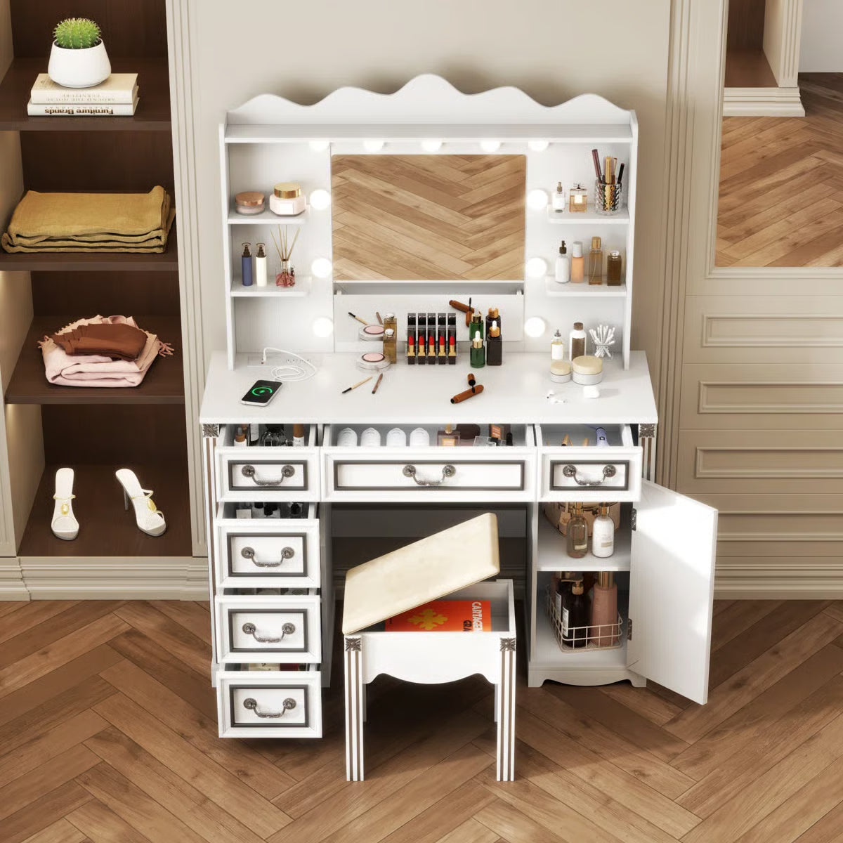 Makeup Vanity with 3-color Lighting Mirror, Outlets, Stool, Storage Drawers and Cabinet- OUCH CART | Dressing tabl e