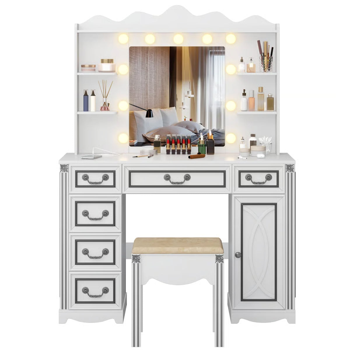 Makeup Vanity Set with Adjustable 3-Color Mirror, Storage Drawers, Cabinet and Stool