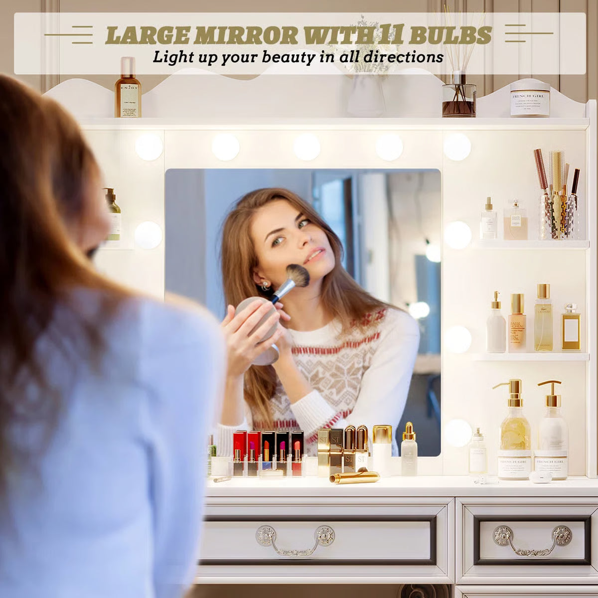 Makeup Vanity with 3-color Lighting Mirror, Outlets, Stool, Storage Drawers and Cabinet- OUCH CART | Dressing tabl e