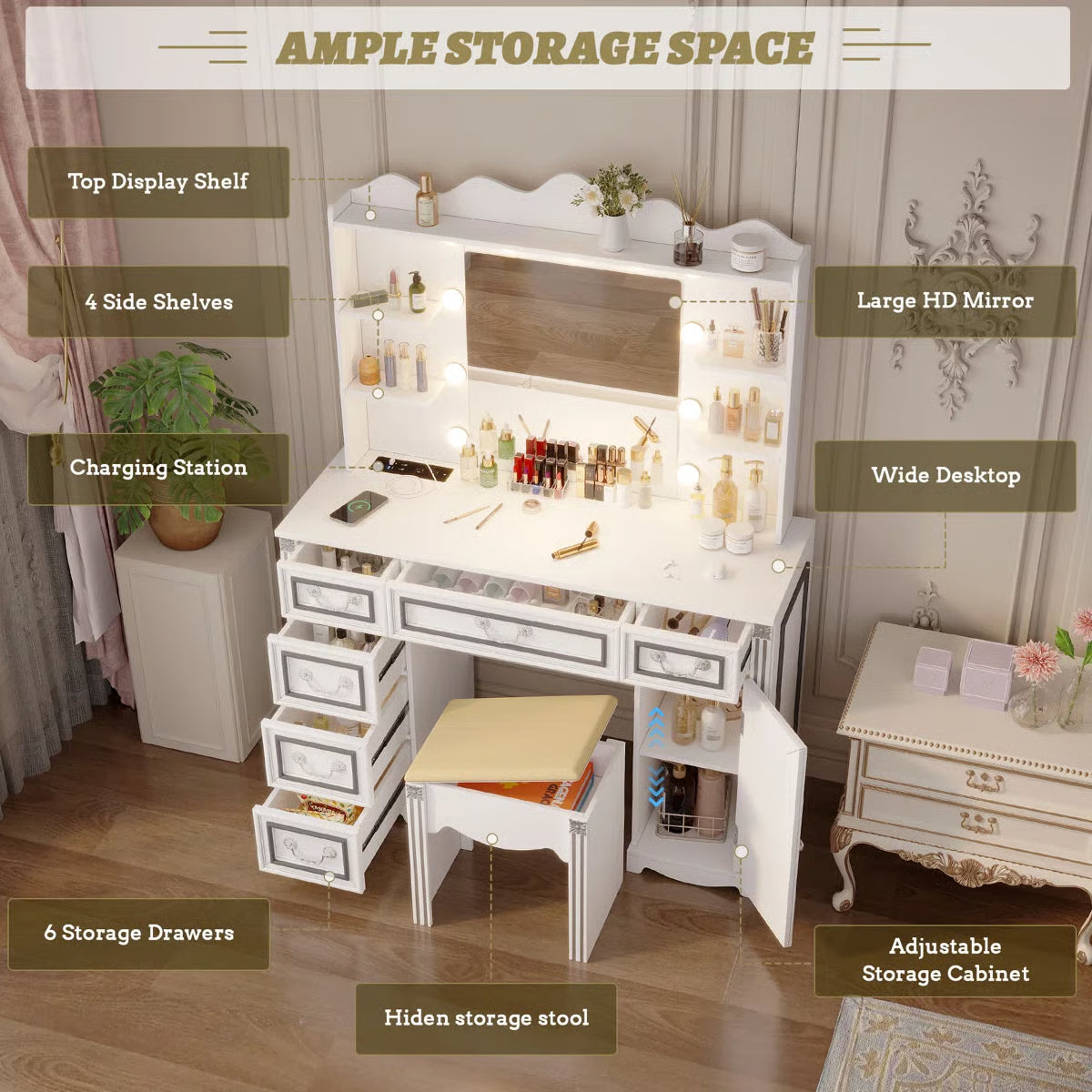 Makeup Vanity Set with Adjustable 3-Color Mirror, Storage Drawers, Cabinet and Stool