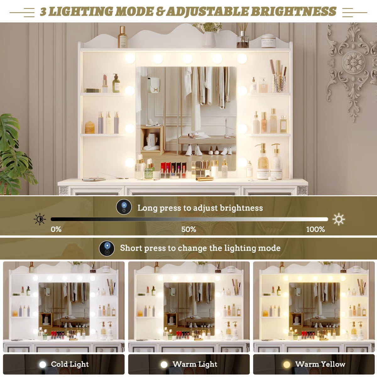 Makeup Vanity Set with Adjustable 3-Color Mirror, Storage Drawers, Cabinet and Stool