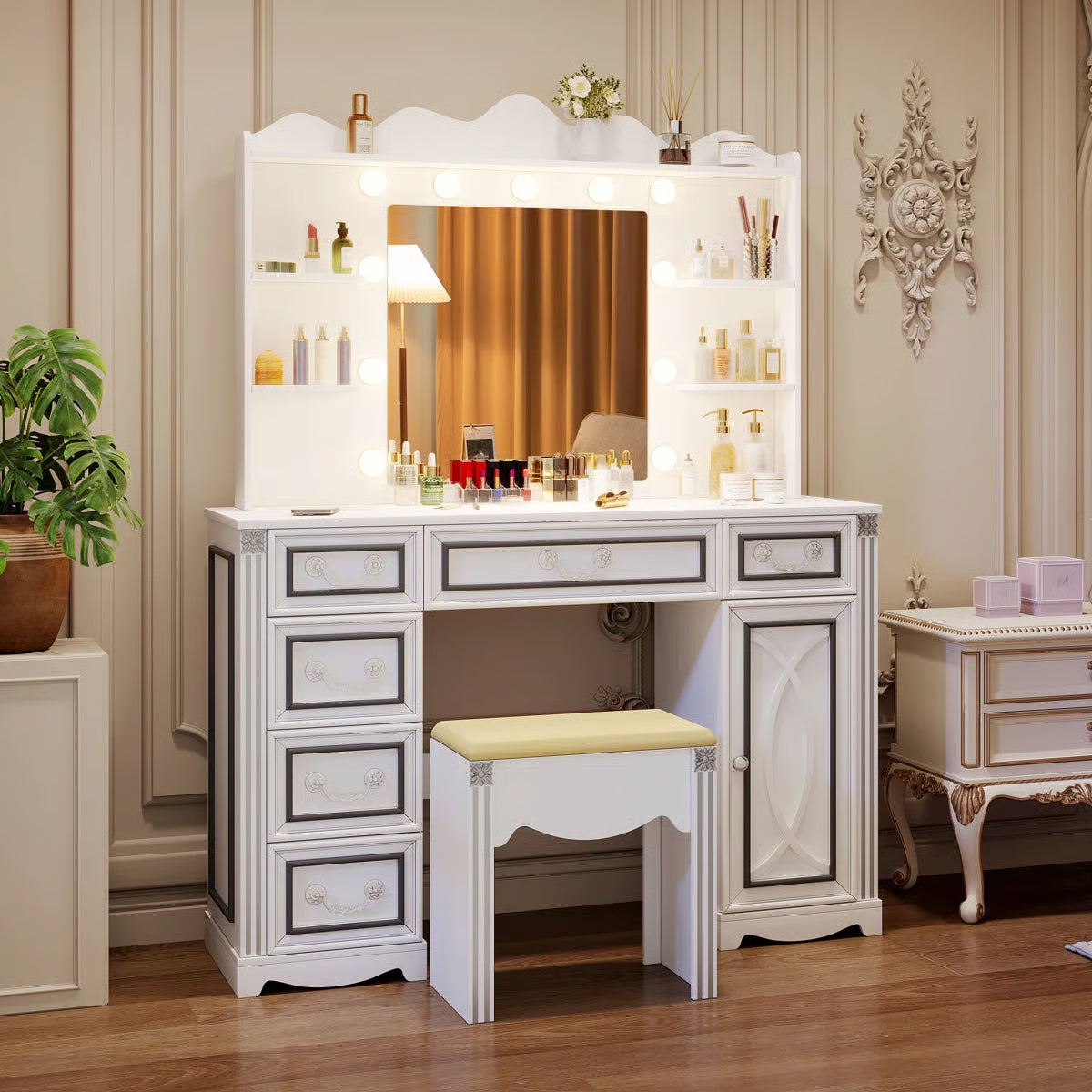 Makeup Vanity Set with Adjustable 3-Color Mirror, Storage Drawers, Cabinet and Stool