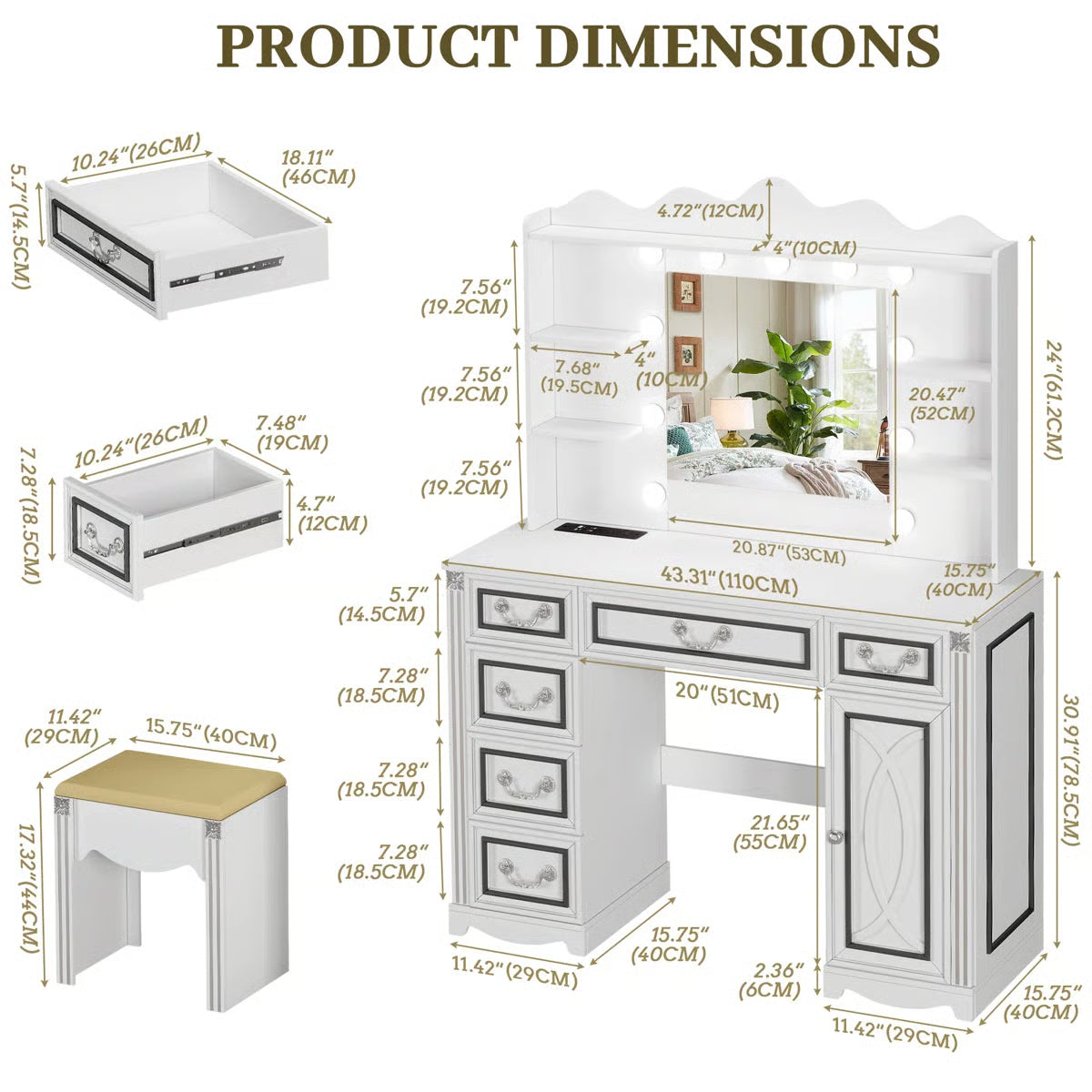 Makeup Vanity Set with Adjustable 3-Color Mirror, Storage Drawers, Cabinet and Stool
