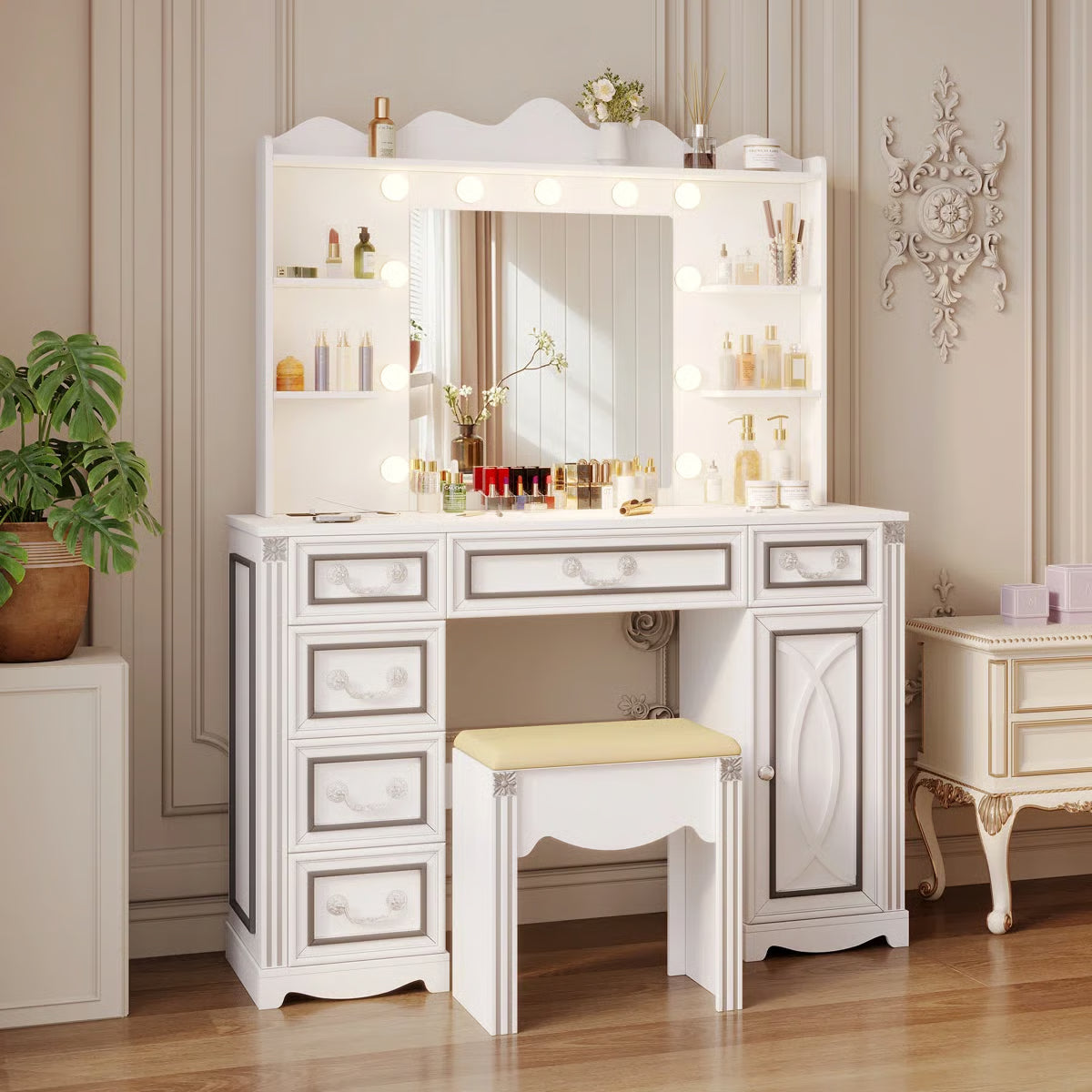 Makeup Vanity Set with Adjustable 3-Color Mirror, Storage Drawers, Cabinet and Stool