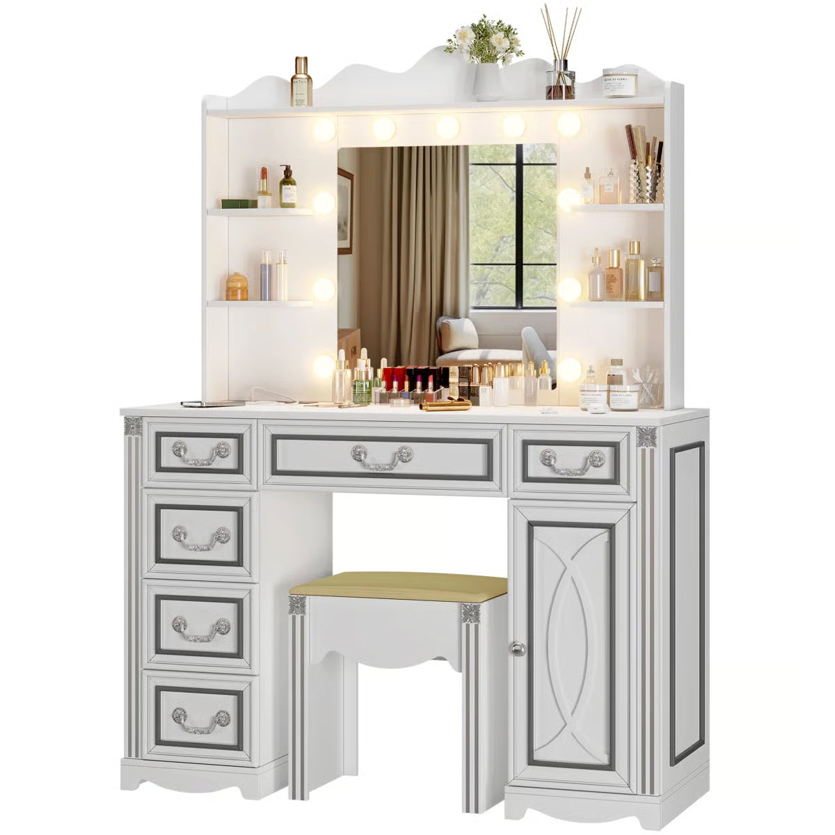 Makeup Vanity with 3-color Lighting Mirror, Outlets, Stool, Storage Drawers and Cabinet- OUCH CART | Dressing tabl e
