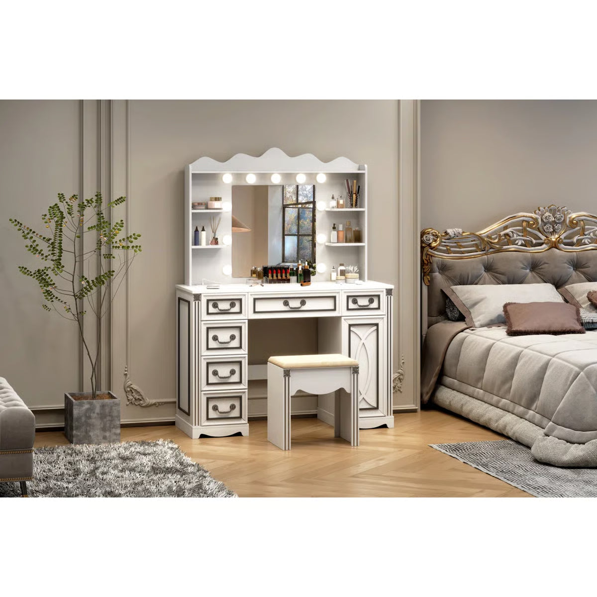 Makeup Vanity Set with Adjustable 3-Color Mirror, Storage Drawers, Cabinet and Stool