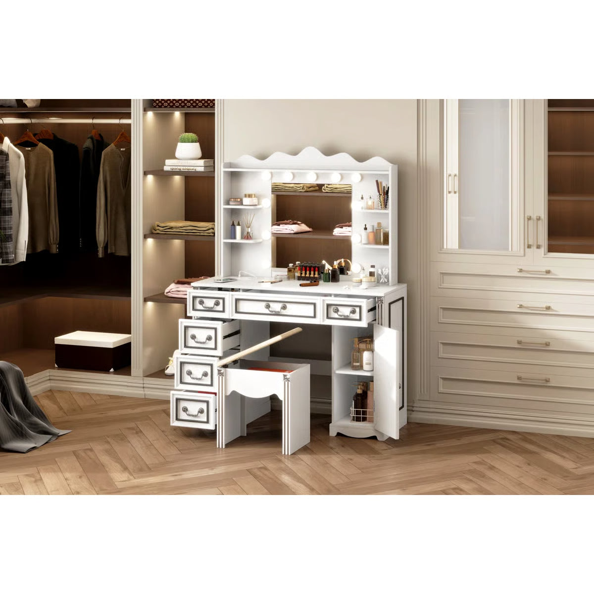 Makeup Vanity Set with Adjustable 3-Color Mirror, Storage Drawers, Cabinet and Stool