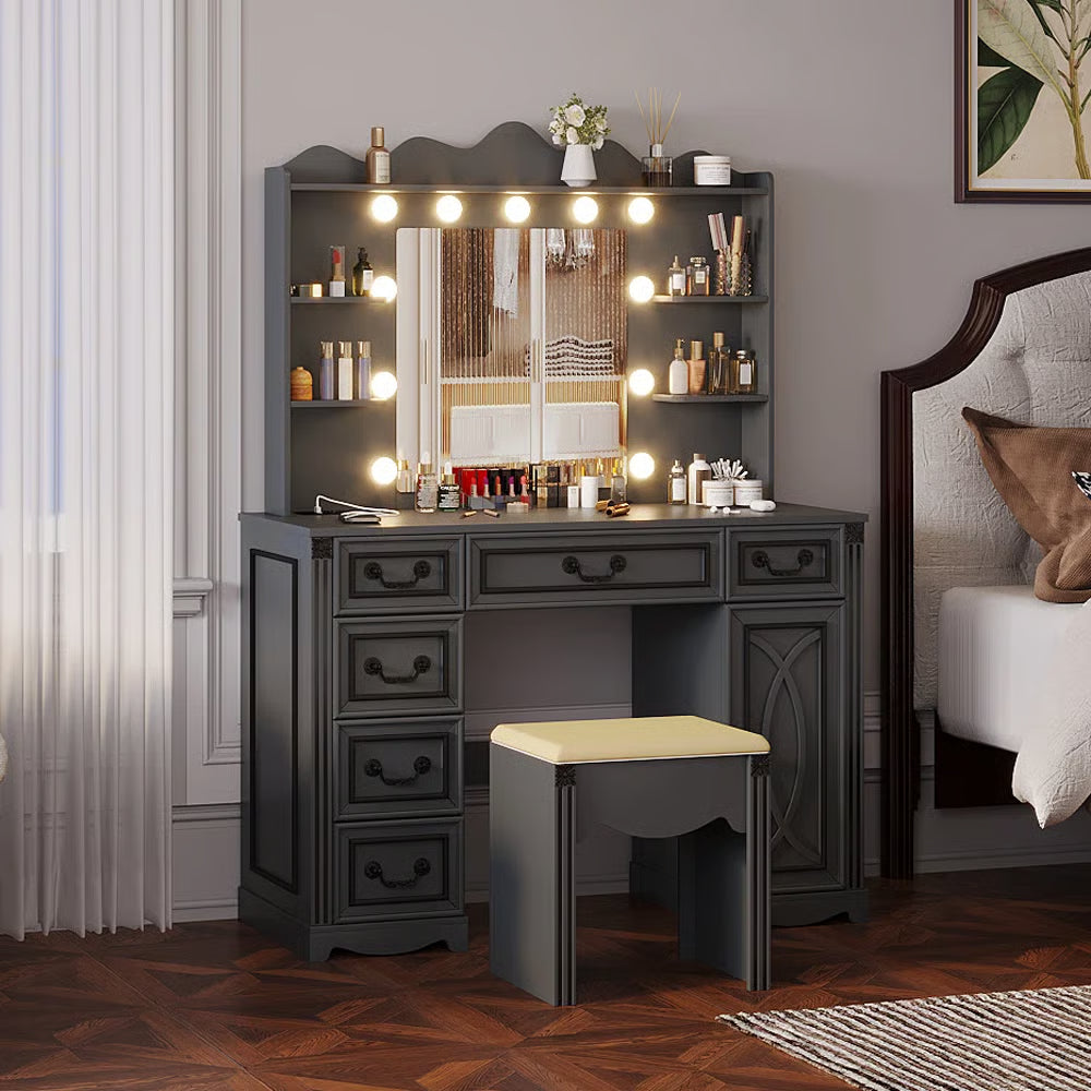 Makeup Vanity with 3-color Lighting Mirror, Outlets, Stool, Storage Drawers and Cabinet- OUCH CART | Dressing tabl e