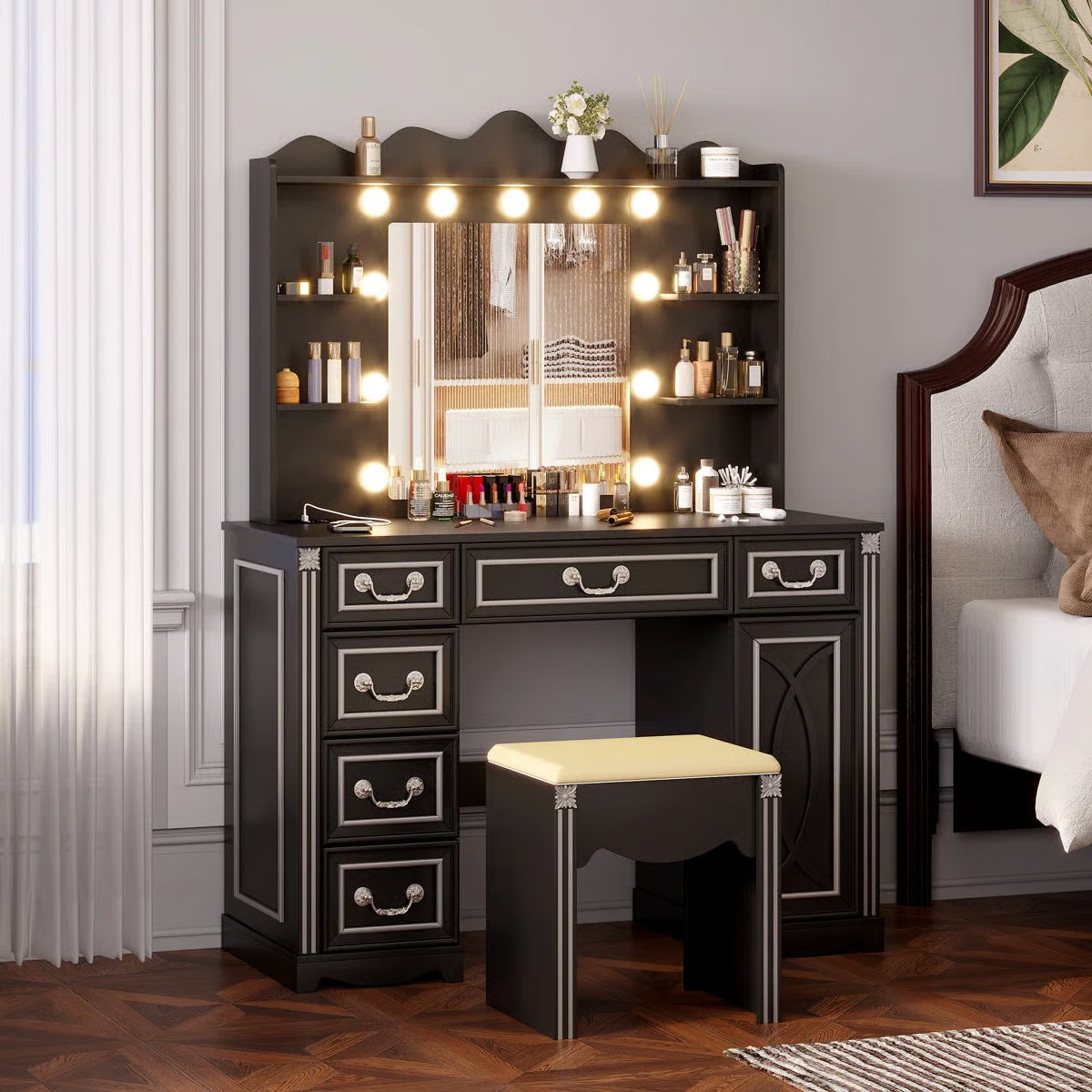 Makeup Vanity Set with Adjustable 3-Color Mirror, Storage Drawers, Cabinet and Stool
