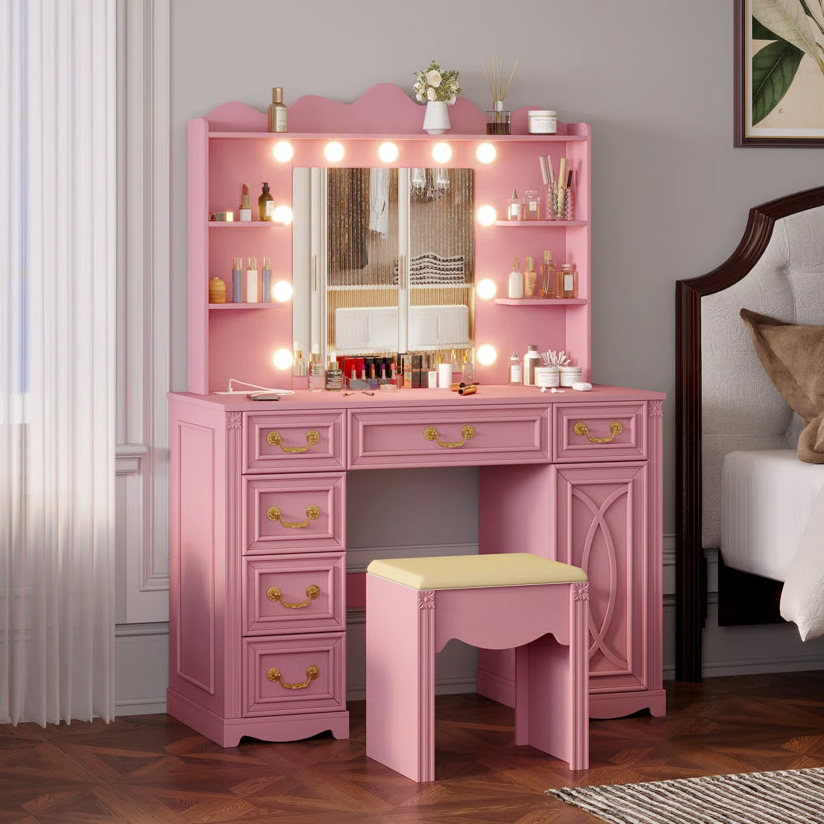 Makeup Vanity with 3-color Lighting Mirror, Outlets, Stool, Storage Drawers and Cabinet- OUCH CART | Dressing tabl e