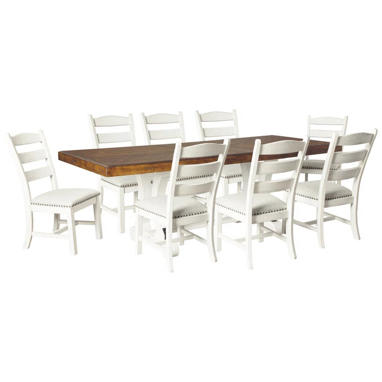 Rustic 8 seater Dining Set with Distressed Finish & Upholstered Ladderback Chairs Ouch Cart