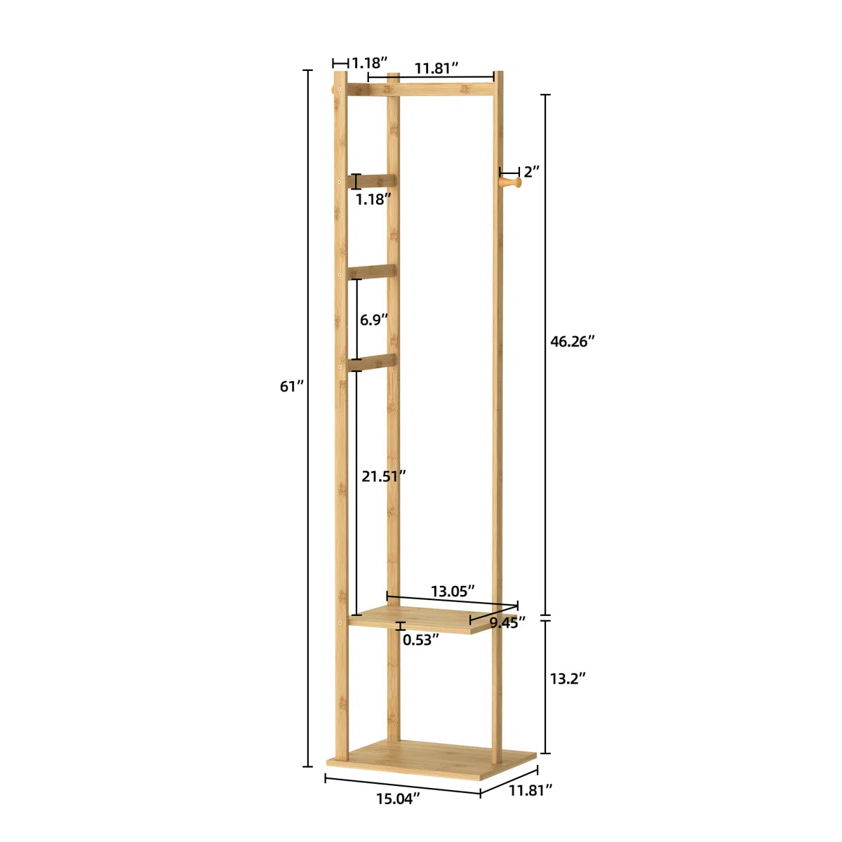 Ouch Cart Bamboo Coat Rack | 4-in-1 Entryway Hall Tree with Hooks & Storage Shelves